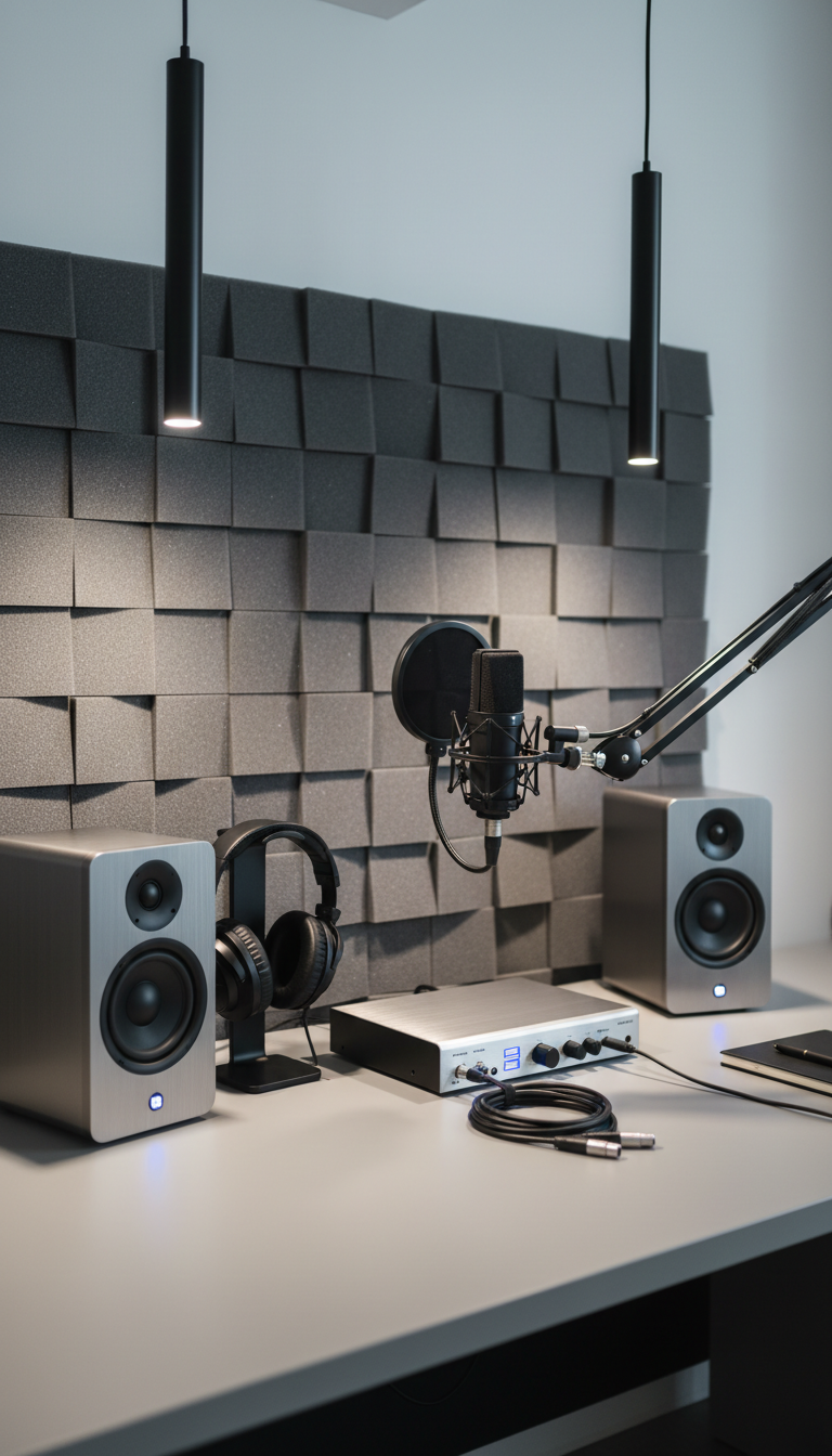 An organized desktop podcasting setup featuring a gray foam sound panel backdrop with geometric patterns, flanked by two minimalistic monitor speakers in gunmetal finish. A brushed steel audio interface and neatly coiled XLR cables rest on a smooth, neutral-toned desk. Subtle overhead pendant lighting casts understated, even illumination, highlighting the structured layout while avoiding glare. The photograph is framed using the rule of thirds to emphasize balance and order, with a crisp, clean, and professional corporate realism supporting the site's community-driven topic.